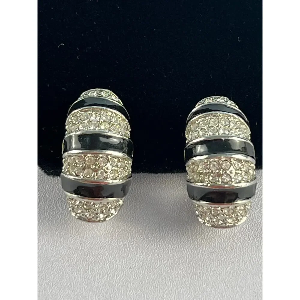 VTG 80s Black Enamel Rhinestone Half Hoop Omega Back Earrings Silver Tone Glam